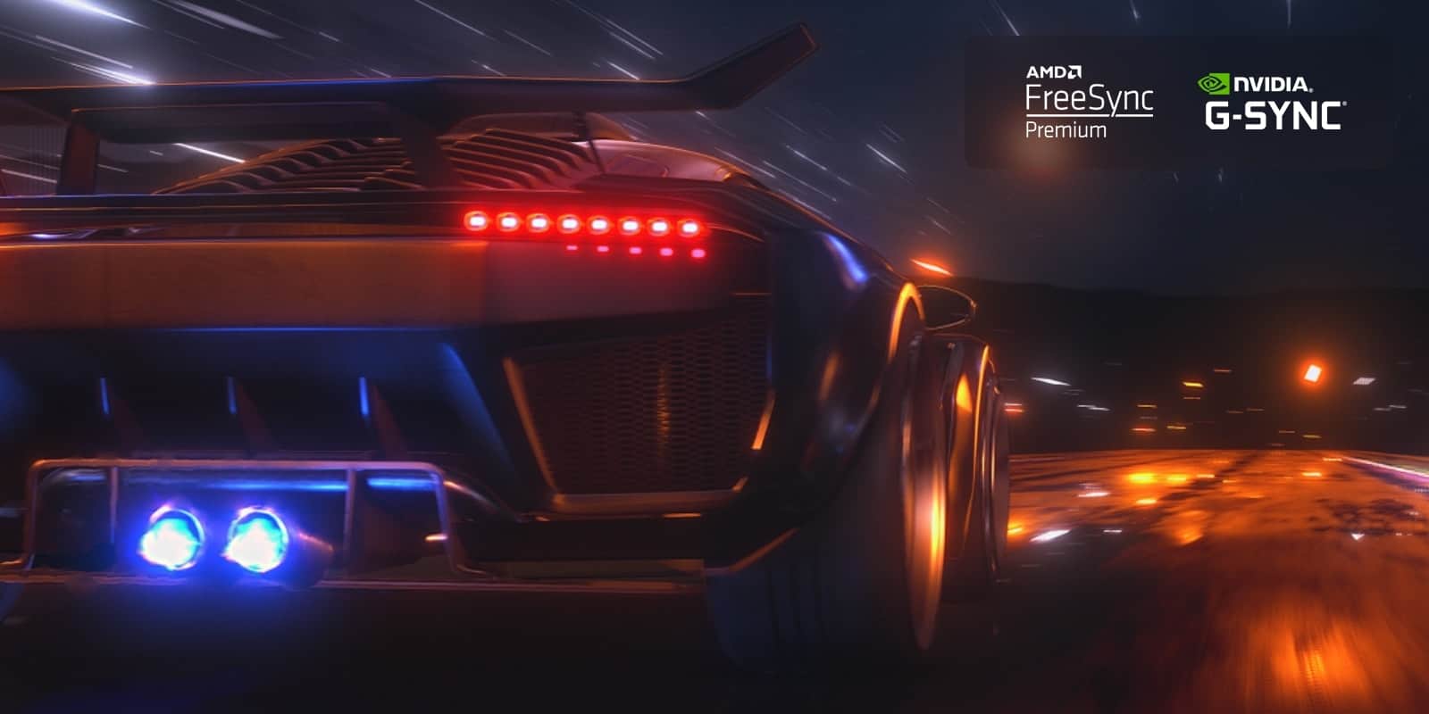 Rozmyta scena szybkiej jazdy samochodem w grze wyścigowej. Scena jest dopracowana, co przekłada się na płynną i wyraźną akcję. Logo FreeSync Premium Pro i logo NVIDIA G-SYNC w prawym górnym rogu.