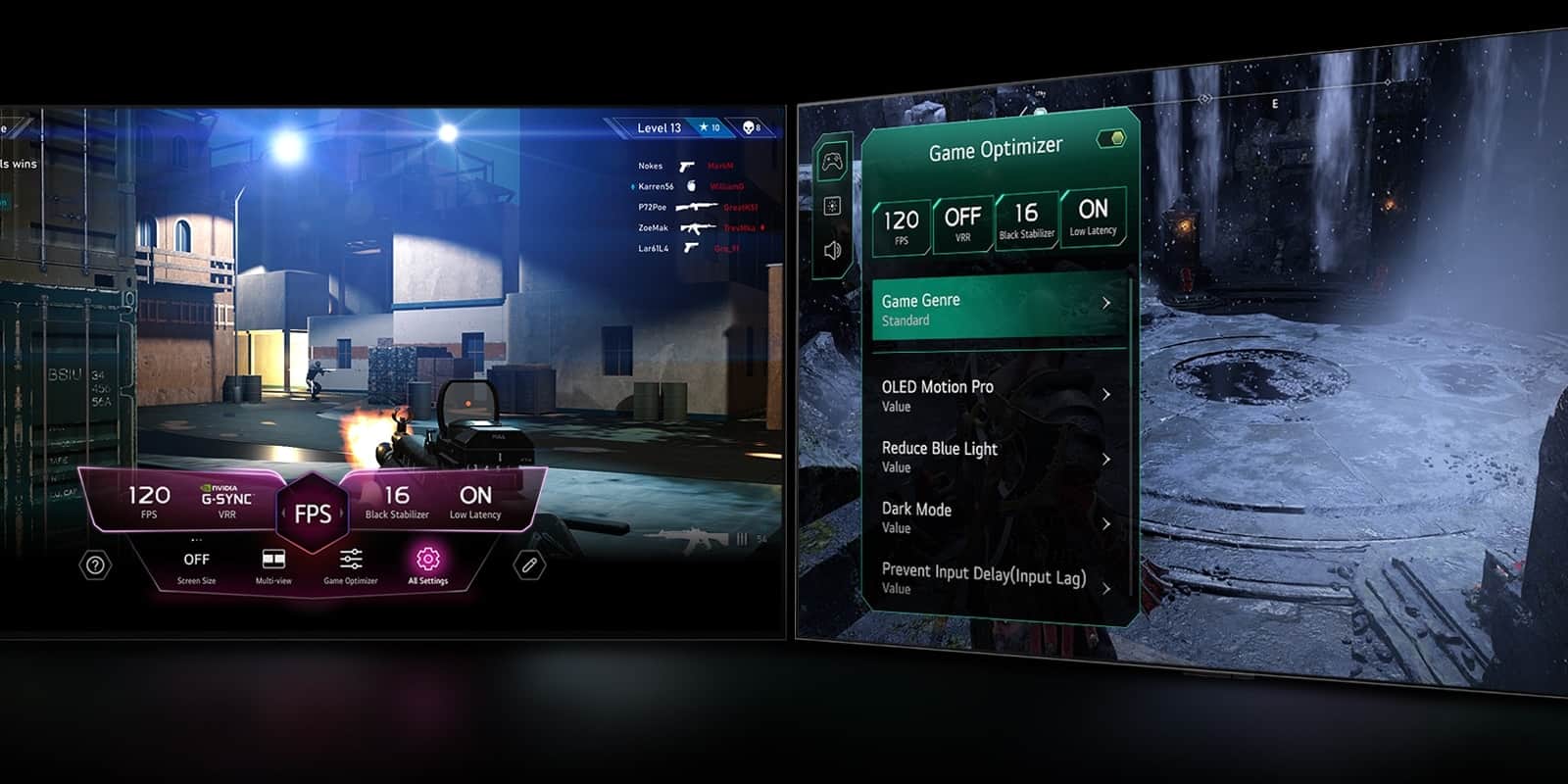 Scena z gry FPS z pulpitem gry, pojawiającym się nad ekranem podczas rozgrywki. Ciemna, zimowa scena z menu Game Optimizer pojawiającym się nad grą.
