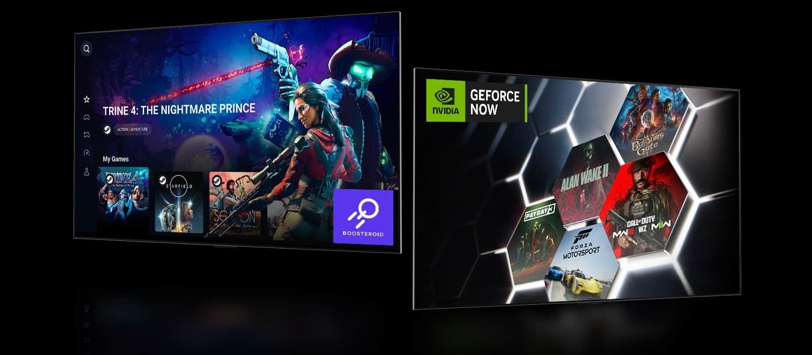 Obraz ekranu głównego Boosteroid przedstawiający „Trine 4: The Nightmare Price”. Ekran główny GeForce NOW pokazujący pięć różnych miniatur gier po prawej stronie.