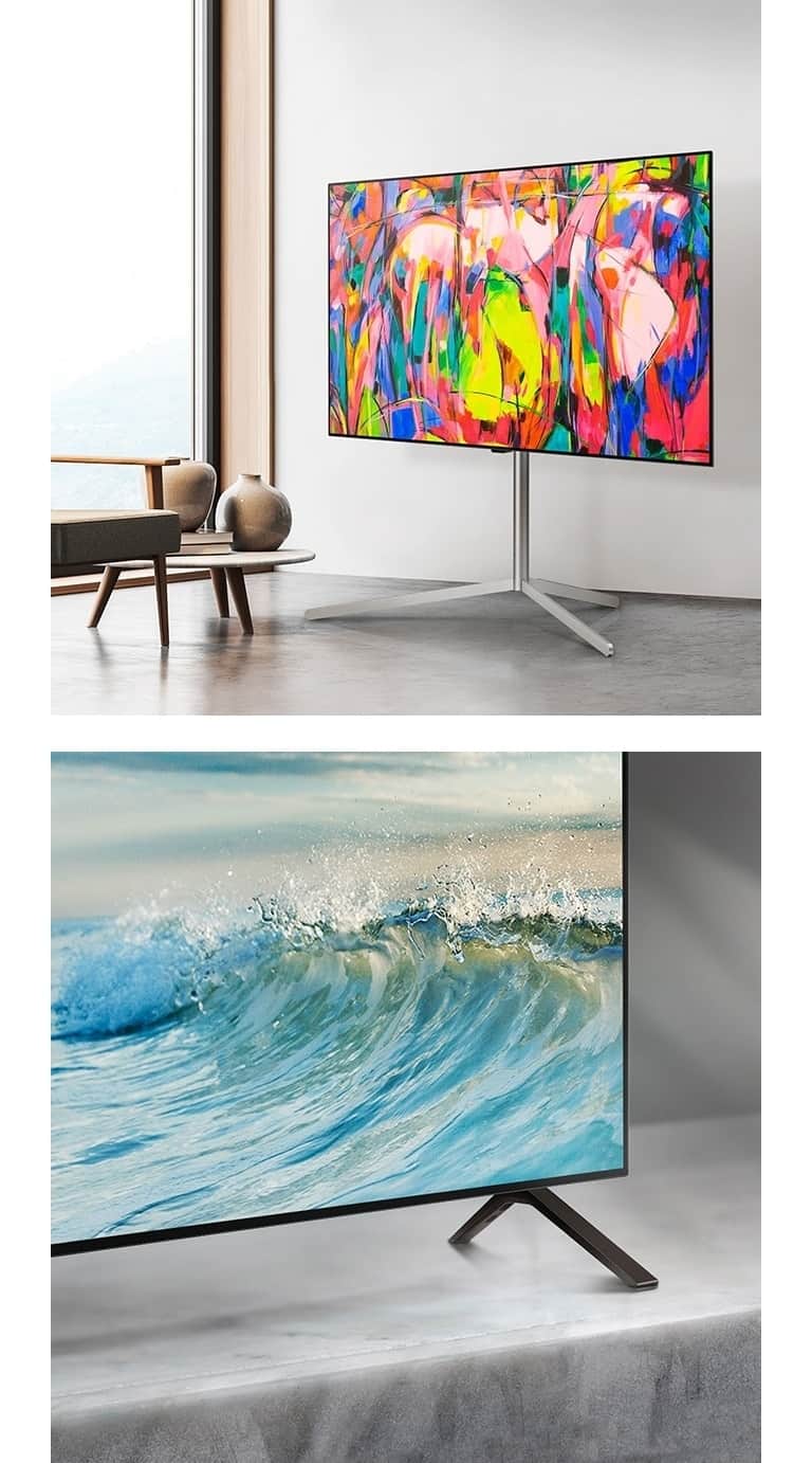 Dolny narożnik LG OLED TV, OLED B4 stoi na marmurowej powierzchni. Na ekranie pojawia się jasnoniebieska fala. LG OLED TV, OLED B4 na podstawie w minimalistycznej przestrzeni.
