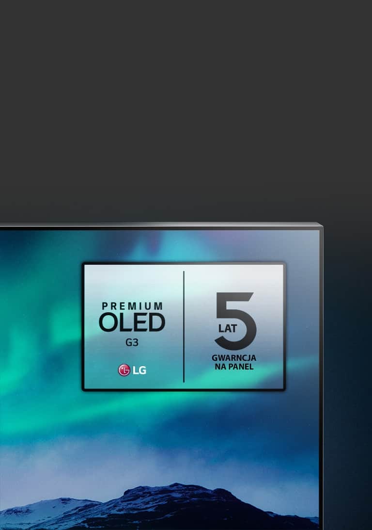 Zdjęcie zorzy polarnej wyświetlone na ekranie telewizora LG OLED. Górny róg telewizora jest ukazany na czarnym tle, gdzie jest ukazana panorama nieba. Ponadto na ekranie telewizora jest wyświetlone logo 5-letniej gwarancji.