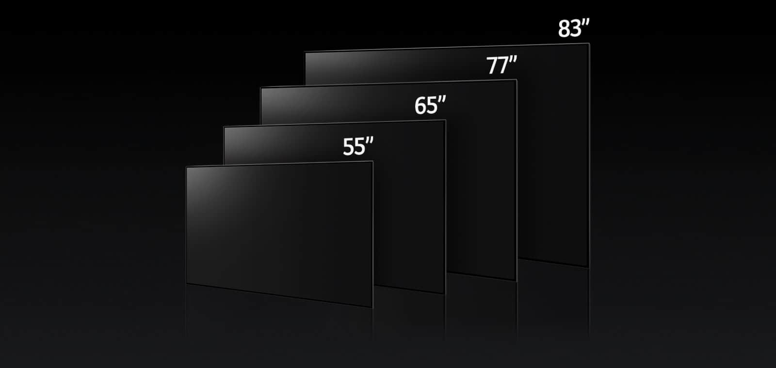 Obraz porównawczy różnych rozmiarów telewizora LG OLED G3, pokazujący modele o przekątnej 55", 65", 77" i 83".