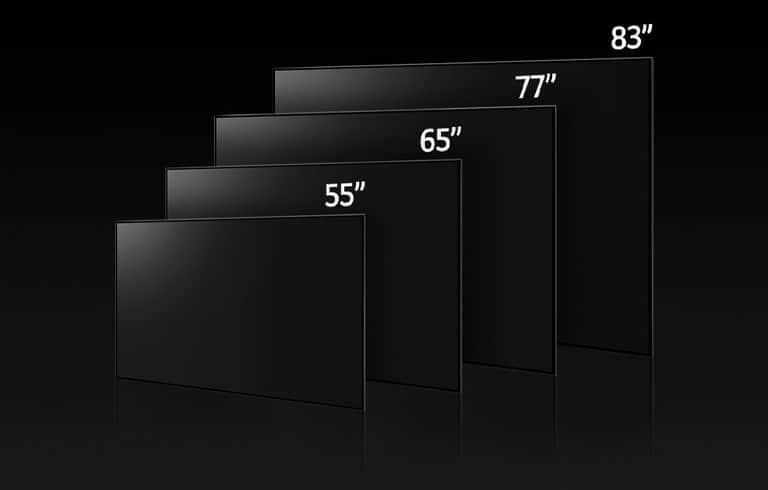 Obraz porównawczy różnych rozmiarów telewizora LG OLED G3, pokazujący modele o przekątnej 55", 65", 77" i 83".