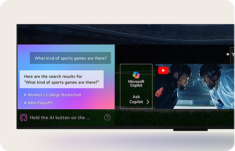 Ekran telewizora z technologią Microsoft Copilot i opcją Ask Copilot, po lewej wyniki wyszukiwania, po prawej dwóch sportowców