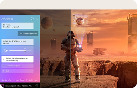 Robot lub kosmonauta w metalowym stroju w pustynnym otoczeniu, a po lewej otwarte okno czatu AI Chatbot