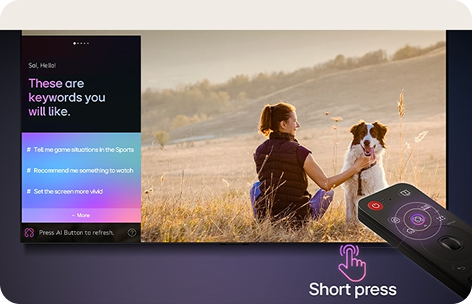Pilot telewizora skierowany na ekran, na którym jest kobieta z psem a po lewej okno programu AI Concierge
