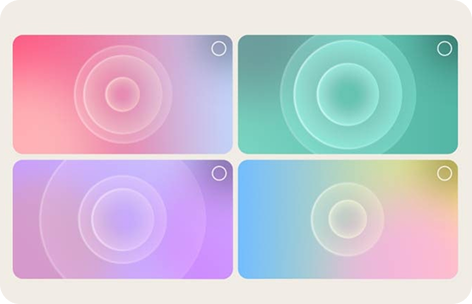 4 okna o różnych kolorach z białymi okręgami wewnątrz, ilustrujące różne profile dźwiękowe