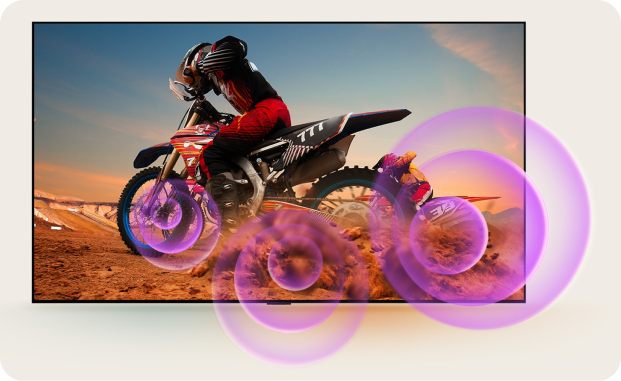 Mężczyzna na motocrossie i fioletowe okręgi o różnych rozmiarach, symbolizujące fale dźwiękowe