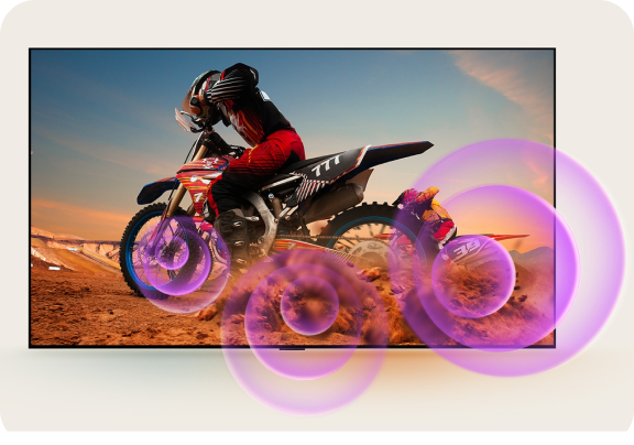 Mężczyzna na motocrossie i fioletowe okręgi o różnych rozmiarach, symbolizujące fale dźwiękowe