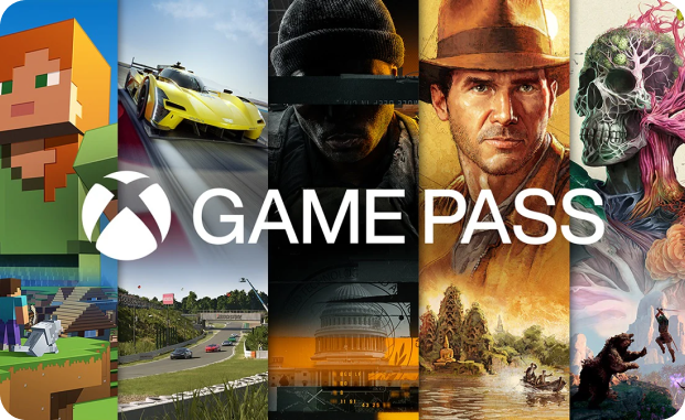 Obraz podzielony na 5 części prezentujących różne gry wideo, na środku biały napis i logo Game Pass