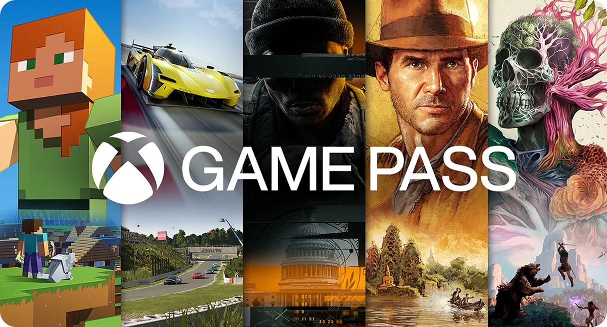 Obraz podzielony na 5 części prezentujących różne gry wideo, na środku biały napis i logo Game Pass