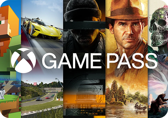 Obraz podzielony na 5 części prezentujących różne gry wideo, na środku biały napis i logo Game Pass