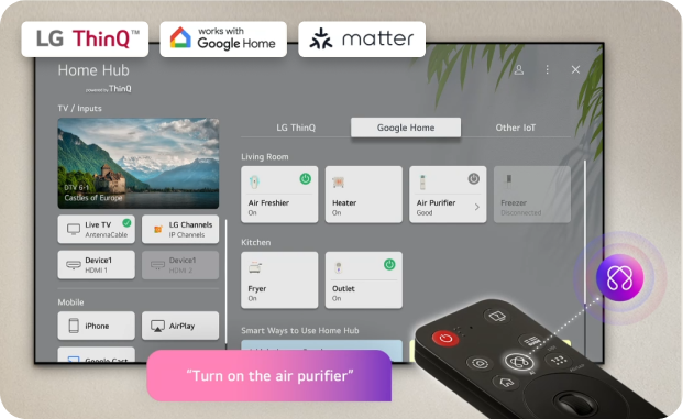 Pilot telewizora skierowany na ekran, na którym widnieje panel do zarządzania urządzeniami domowymi LG, w tym LG ThinQ i Google Home