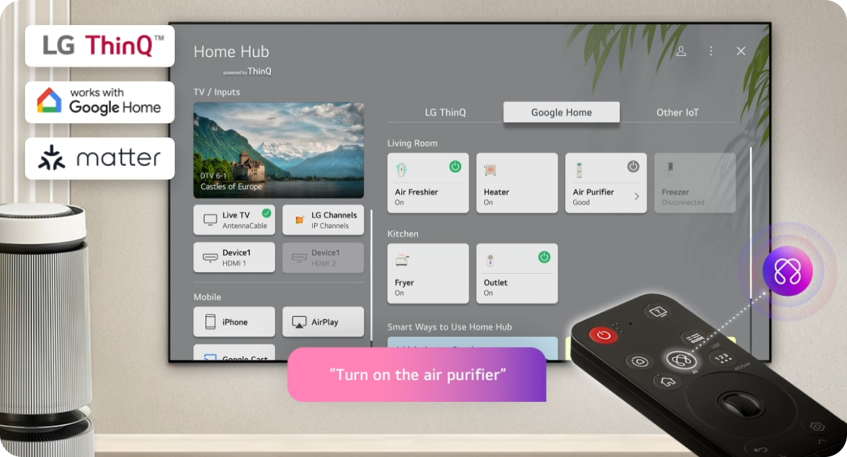 Pilot telewizora skierowany na ekran, na którym widnieje panel do zarządzania urządzeniami domowymi LG, w tym LG ThinQ i Google Home