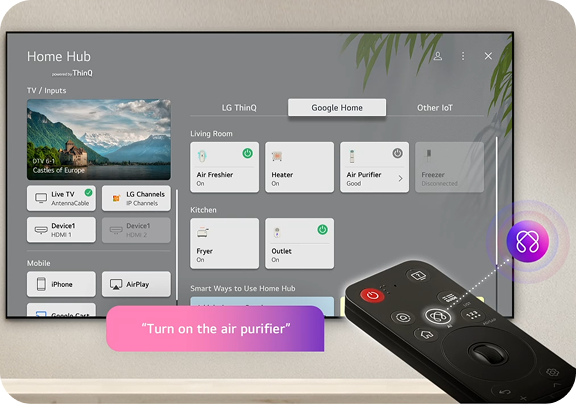 Pilot telewizora skierowany na ekran, na którym widnieje panel do zarządzania urządzeniami domowymi LG, w tym LG ThinQ i Google Home