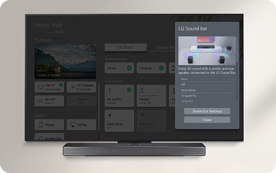 Ekran telewizora z otwartym oknem LG Sound bar do zarządzania opcjami dźwięku