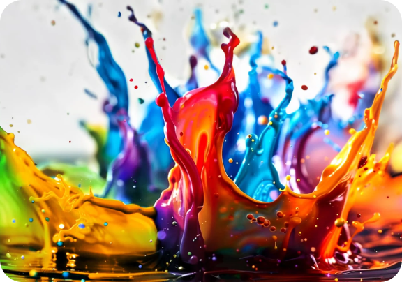 Rozprysk wielokolorowej farby, widać kolory: czerwony, żółty, zielony, niebieski i fioletowy - o wysokim nasyceniu