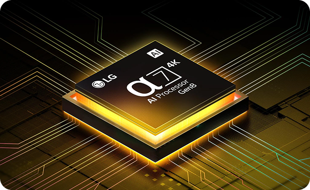 Zbliżenie na chip procesora α7 AI otoczony świetlnymi efektami