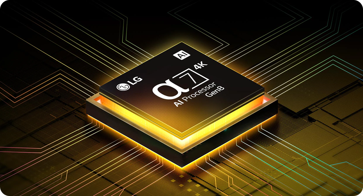 Zbliżenie na chip procesora α7 AI otoczony świetlnymi efektami