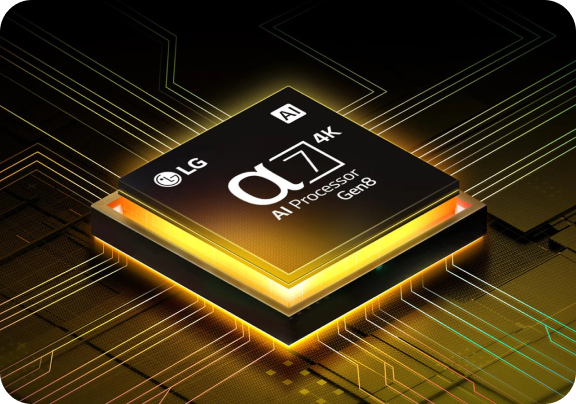 Zbliżenie na chip procesora α7 AI otoczony świetlnymi efektami