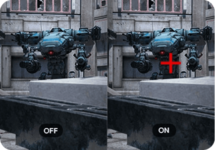 Dwa identyczne widoki na robota w grze: lewy bez celownika, prawy z widocznym, czerwonym celownikiem na środku robota