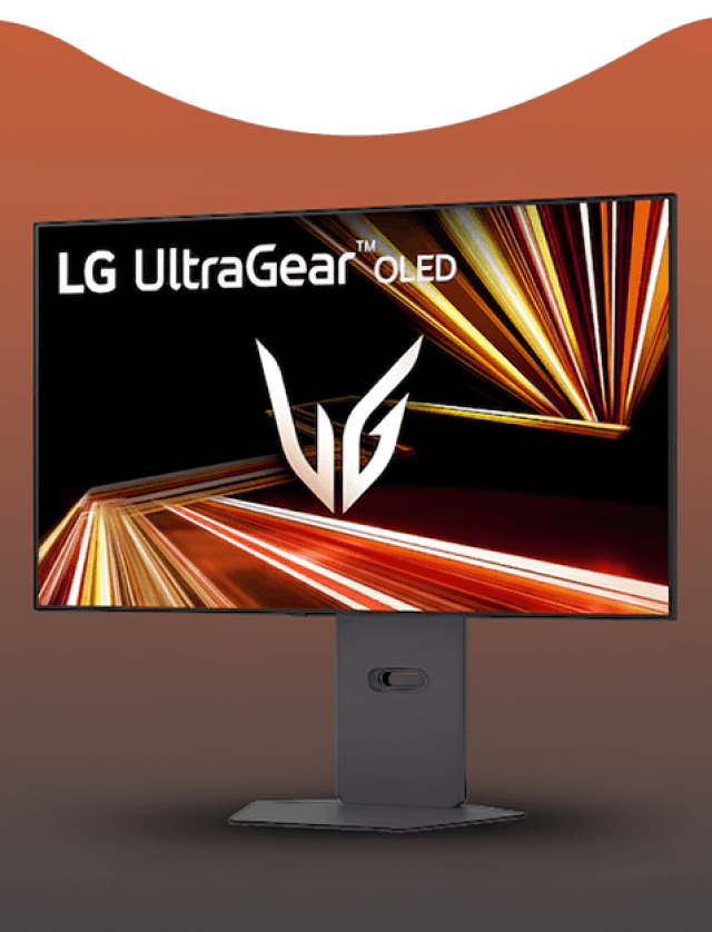 Monitor LG UltraGear OLED (Organic Light Emitting Diode) na podstawce wyświetla dynamiczną grafikę z logo serii