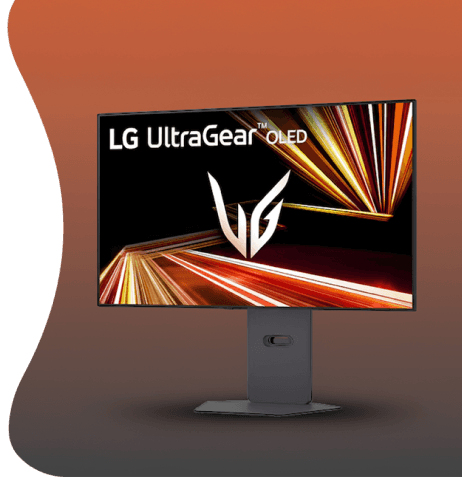 Monitor LG UltraGear OLED (Organic Light Emitting Diode) na podstawce wyświetla dynamiczną grafikę z logo serii