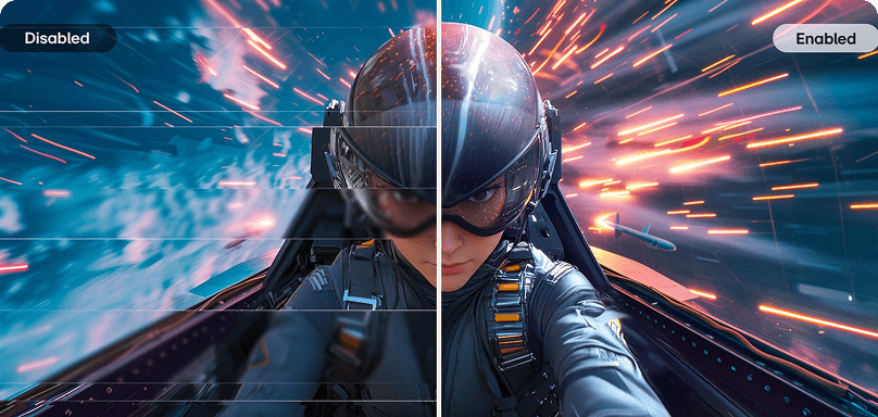 Porównanie płynności obrazu z pilotem myśliwca; lewa strona niewyraźnia (disabled), prawa czysta i wyraźna (enabled)