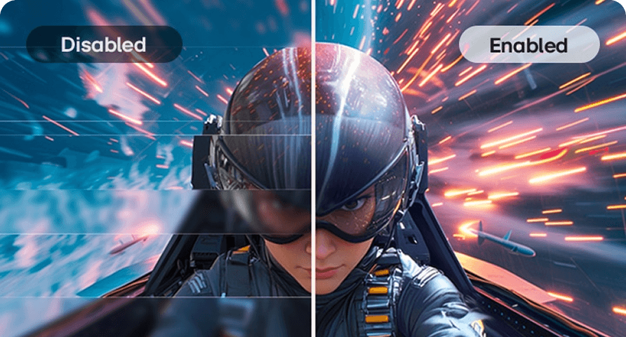 Porównanie płynności obrazu z pilotem myśliwca; lewa strona niewyraźnia (disabled), prawa czysta i wyraźna (enabled)