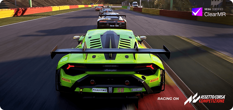 Widok z tyłu na zielone Lamborghini i logo VESA (Video Electronics Standards Association) Certified ClearMR (Motion Ratio)