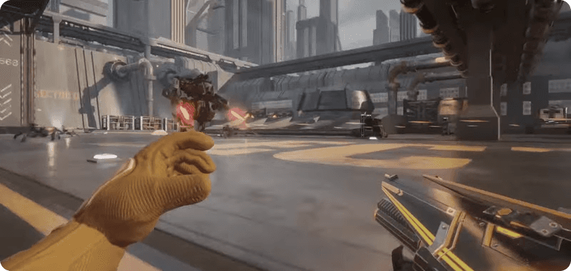 Scena z futurystycznej gry, strzelanki z postacią trzymającą broń – widok z perspektywy gracza