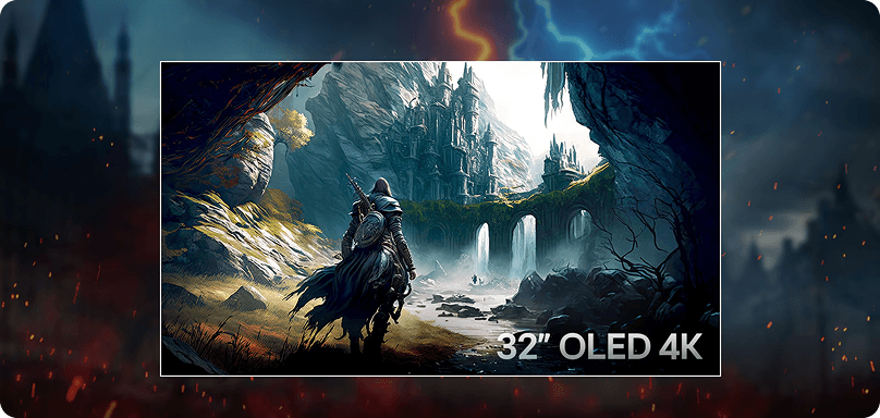 Scena z gry przygodowej na ekranie 32" OLED (Organic Light Emitting Diode) 4K (3840x2160) przedstawiająca zamek i wojownika