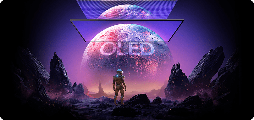 Astronauta na obcej planecie z napisem OLED (Organic Light Emitting Diode) na tle planety ze schematem warstw ekranu