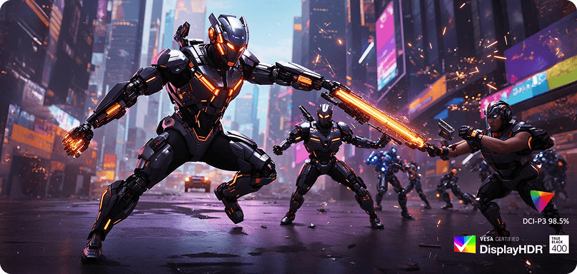 Futurystyczni wojownicy (gra) i oznaczenia DCI-P3 (Digital Cinema Initiatives Protocol 3) i DisplayHDR (High Dynamic Range)