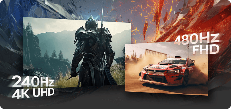 Porównanie trybów: 240Hz 4K UHD (Ultra High Definition) dla gry fantasy oraz 480Hz FHD (Full High Definition) dla wyścigów