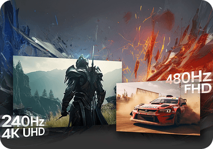 Porównanie trybów: 240Hz 4K UHD (Ultra High Definition) dla gry fantasy oraz 480Hz FHD (Full High Definition) dla wyścigów