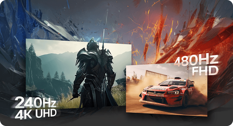Porównanie trybów: 240Hz 4K UHD (Ultra High Definition) dla gry fantasy oraz 480Hz FHD (Full High Definition) dla wyścigów