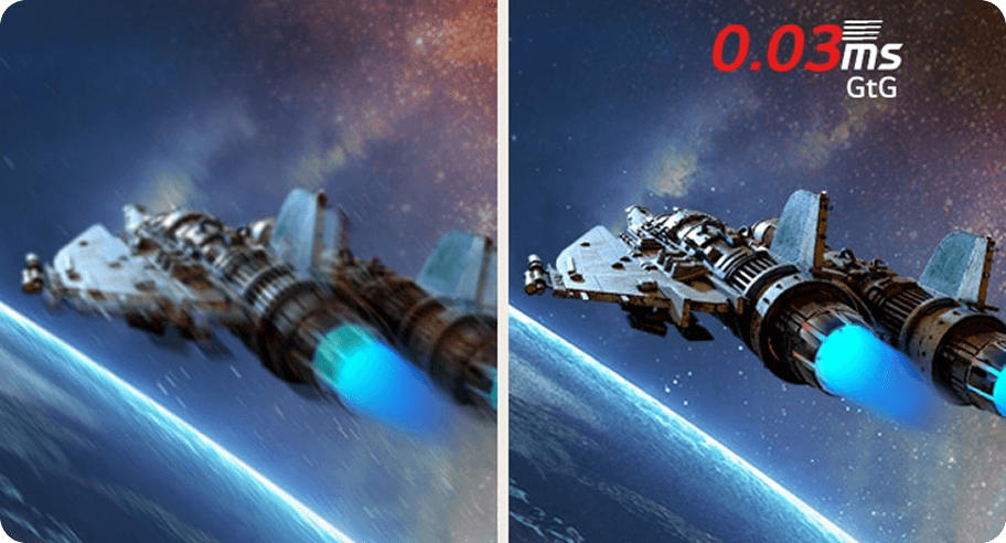 Porównanie ostrości statków kosmicznych; prawy obraz krystalicznie czysty dzięki czasowi reakcji 0.03ms GtG (Gray to Gray)