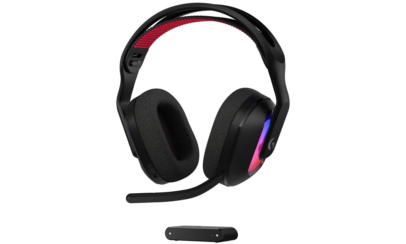 Słuchawki bezprzewodowe Logitech A20 X Czarne - Widok od przodu pod kątem wraz ze stacją bazową PLAYSYNC