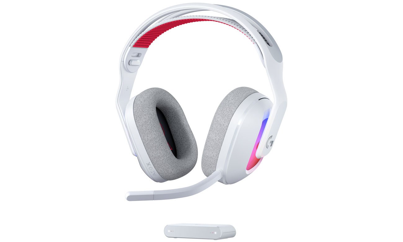 Słuchawki bezprzewodowe Logitech A20 X Białe - Widok od przodu pod kątem wraz ze stacją bazową PLAYSYNC