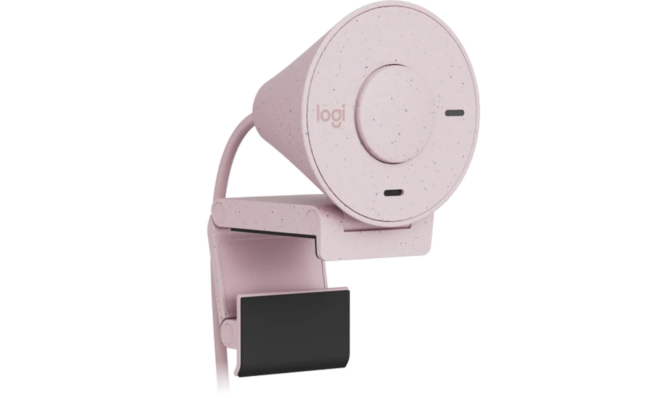 Kamera internetowa Logitech Brio 300 Różowa - Widok od przodu pod kątem z zamkniętą zaślepką