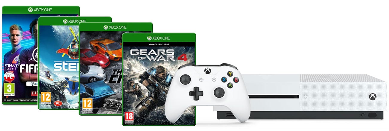 Zestaw Xbox One S + GoW4, The Crew, Steep, FIFA 19