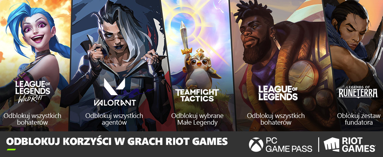 Grafika przedstawiająca korzyści w grach Riot Games dzięki subskrypcji Xbox Game Pass Ultimate