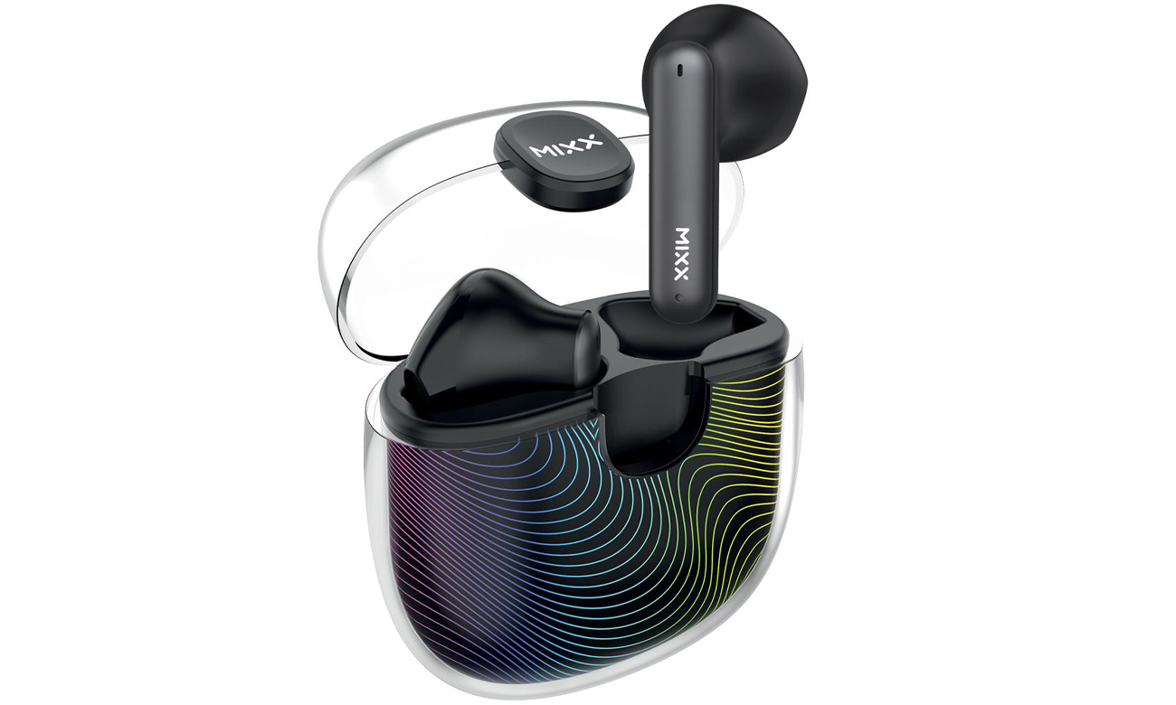 Słuchawki bezprzewodowe Mixx Audio Colour Chroma 2 Wave Białe - Widok od przodu pod kątem wraz z otwartym etui ładującym