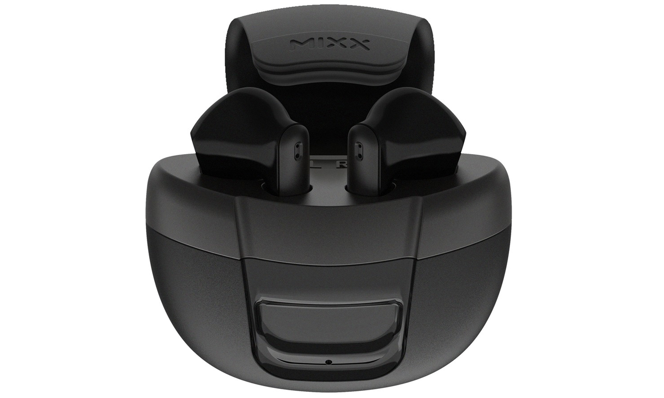 Słuchawki bezprzewodowe Mixx Audio Streambuds Solo 2 Czarne - Widok od przodu wraz z otwartym etui ładującym