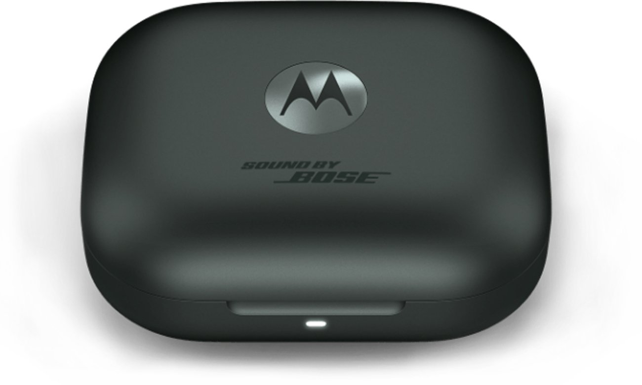 Słuchawki bezprzewodowe Motorola Moto Buds+ Grafitowe - Widok od przodu wraz z zamkniętym etui ładującym