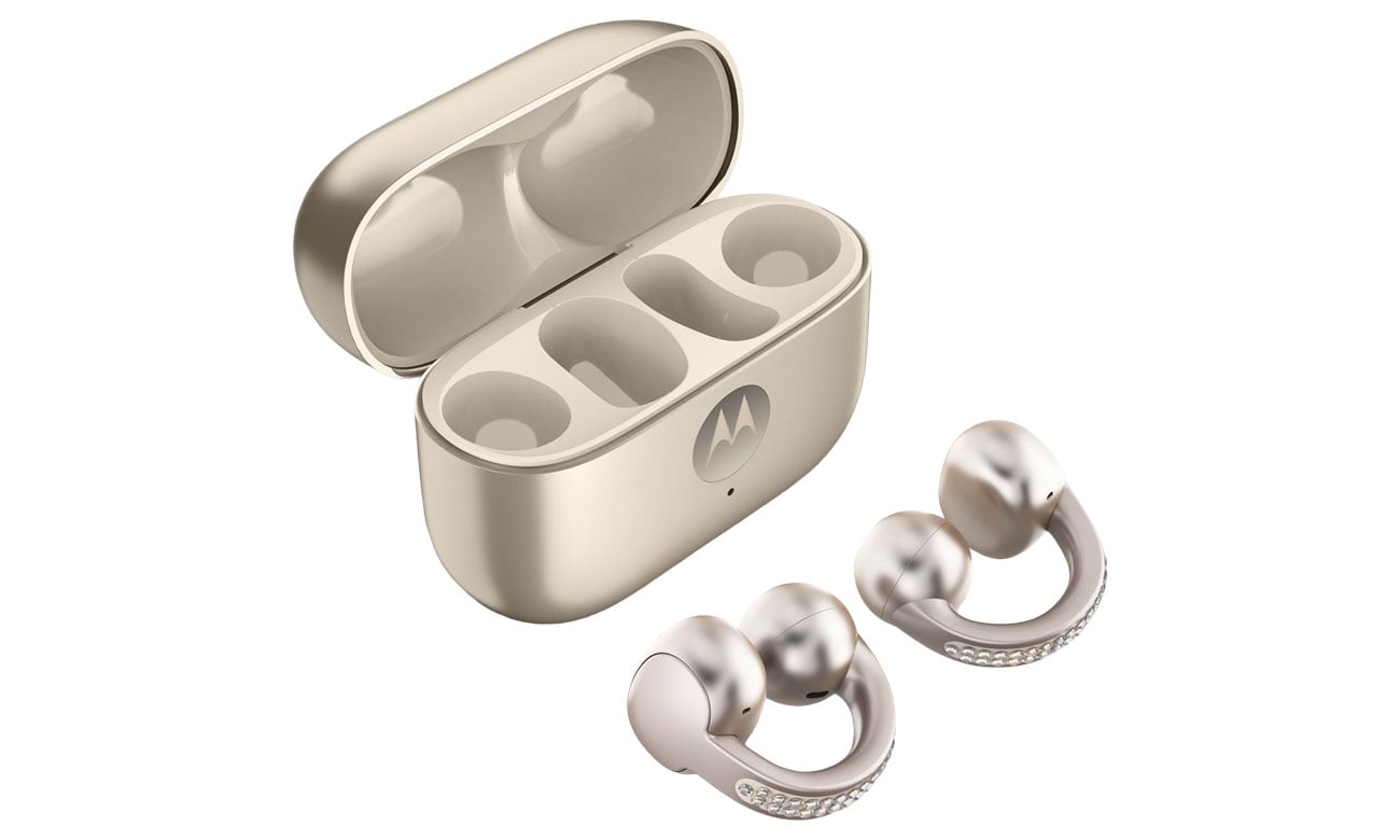 Słuchawki bezprzewodowe Motorola Moto Buds LOOP French Oak - Widok ogólny wraz z etui ładującym
