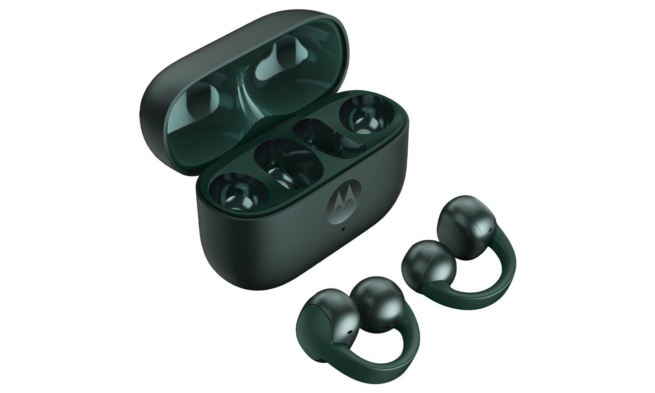 Słuchawki bezprzewodowe Motorola Moto Buds LOOP Trekking Green - Widok ogólny wraz z etui ładującym