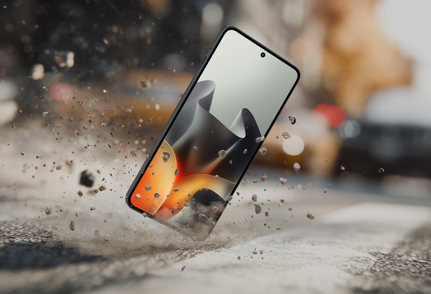 Smartfon Motorola upadający na ziemię bez szwanku, wokół unoszą się drobinki pyłu podłoża