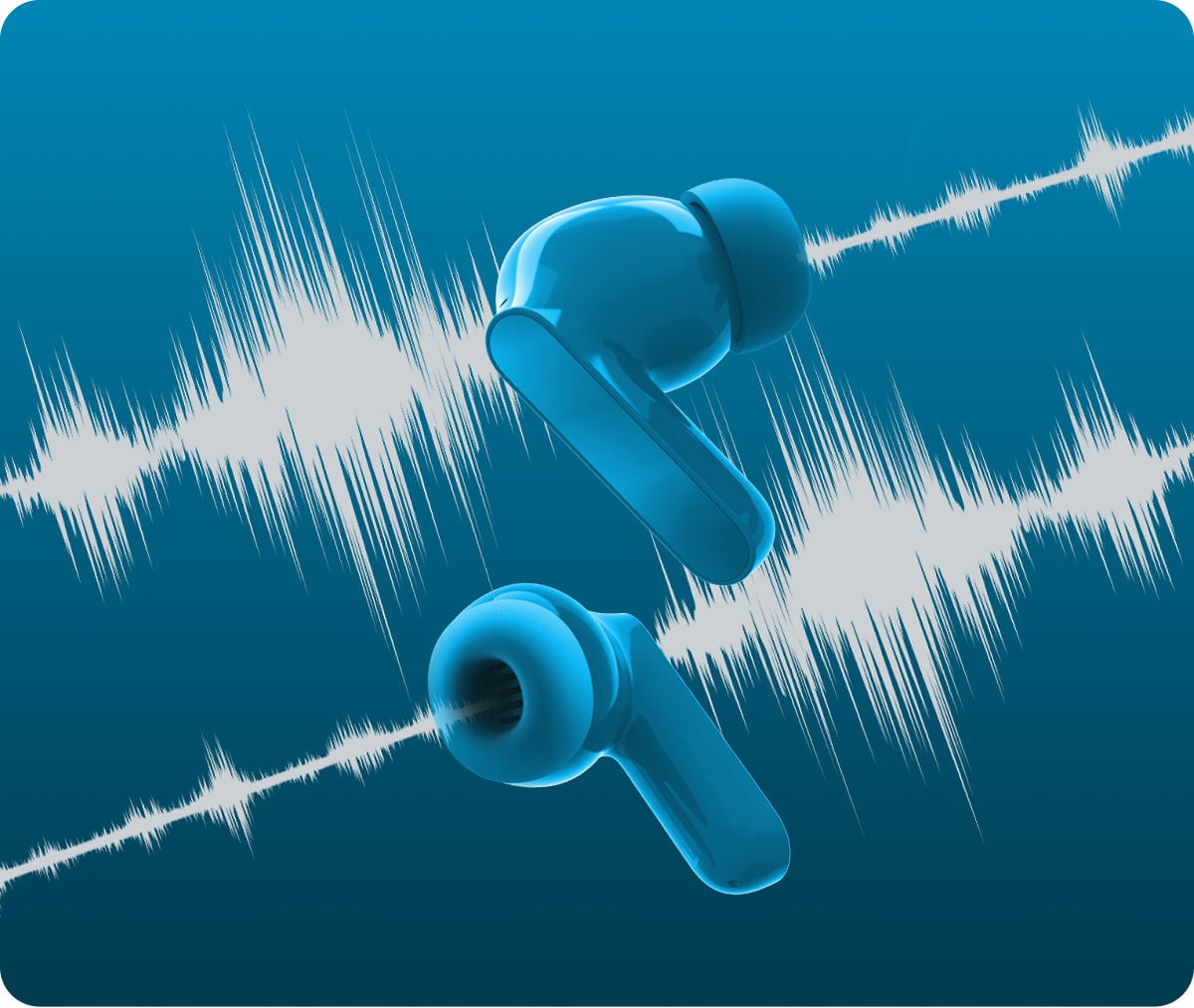 Dwie niebieskie słuchawki douszne na tle graficznej wizualizacji fali dźwiękowe
